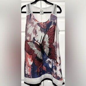 Fleur Di Lis Sequin Butterfly Print Women's Asymmetrical Tank Top Size XL